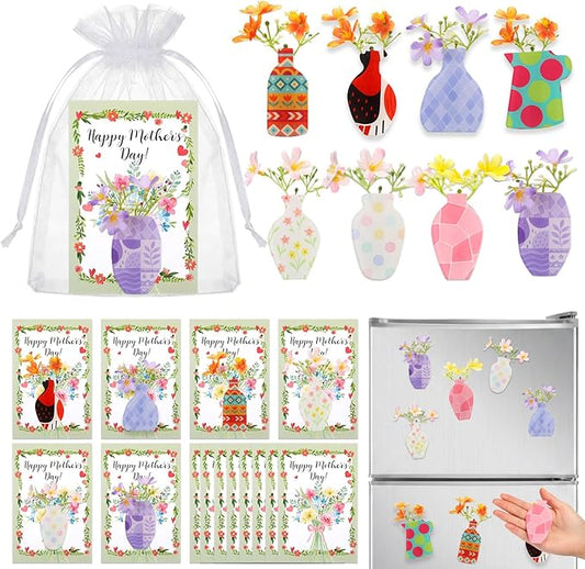 16 Sets Mother's Day Fridge Magnets Gifts Bulk with Mini Flower Vase Fridge Magnets Cards Artificial Flowers Organza Bags ...