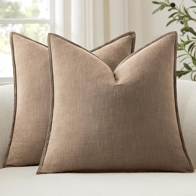 ANRODUO Pack of 2 Decorative Linen Pillow Covers Coco Brown Neutral Farmhouse Boho Soild Cushion Case Soft Accent Pillowca...