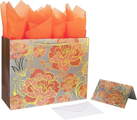 13" Large Rose Gold Gift Bag Set with Greeting Card and Orange Tissue Paper for celebrating birthdays,Mother's Day,Christm...