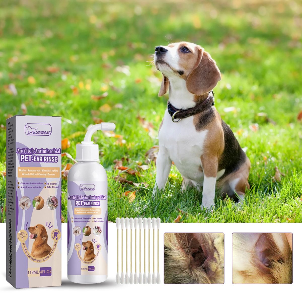 Pet Ear Cleaner Rinse Alcohol-Free Anti-Itch Antimicrobial Cleans Ear Wax Cats And Dogs