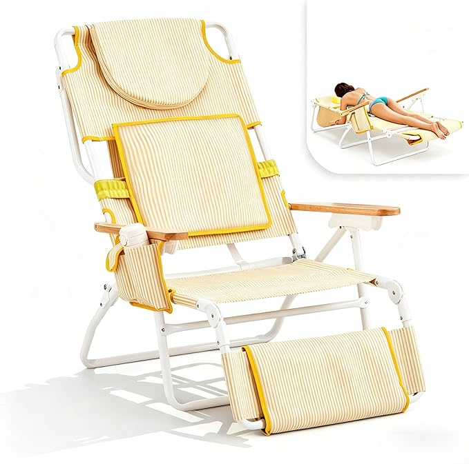VINGLI Deluxe 3 in1 Beach Chair, Tanning Chair with Face Hole, Reclining Lounge with Foot Rest, Cup Holder and Storage Ba...