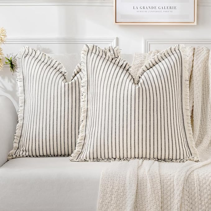 MIULEE Gray Pack of 2 Pillow Covers 18x18 Inch Striped Farmhouse Couch Throw Pillow Covers with Fringe Chic Linen Decorati...