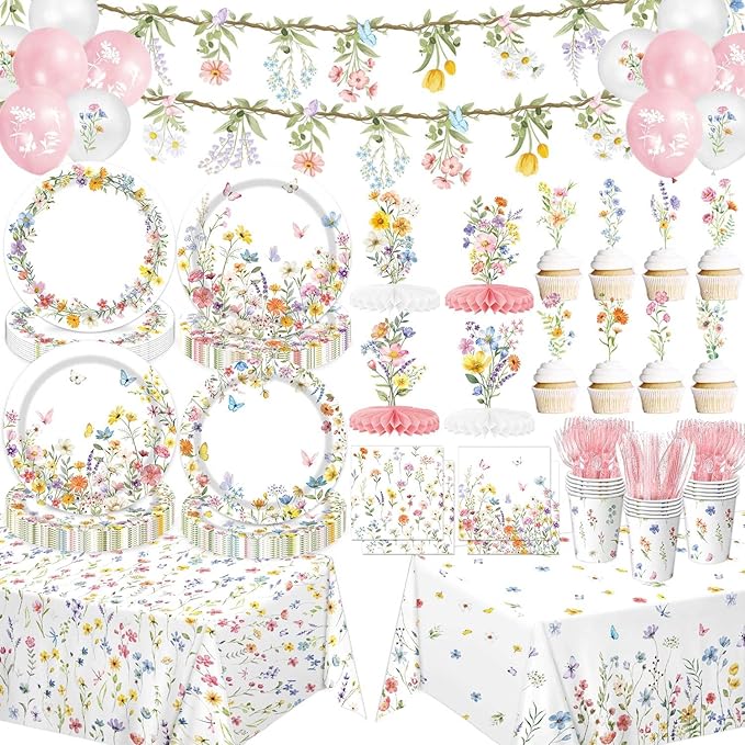 Wildflower Party Decorations – Plates, Cups, Napkins, Cutlery, Banner, Tablecloth, Balloons, Honeycomb Centerpieces for Sp...