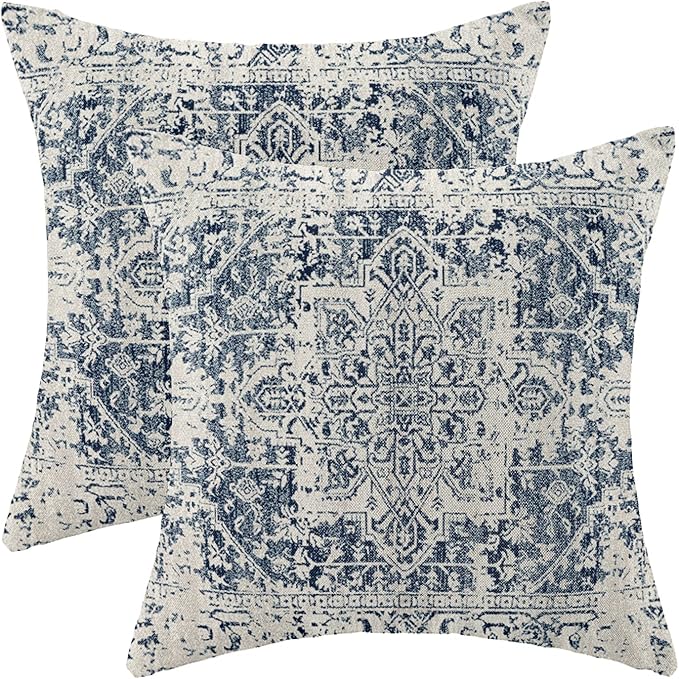 Gohdiwh Boho Pillow Covers 16x16 Set of 2, Ethnic Design Decorative Throw Pillows Linen Blue Carpet Pattern Farmhouse Cush...