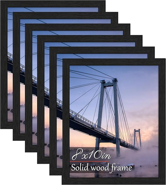 PEALSN Soild Wood 8x10 Picture Frame Set of 6, Wall Gallery Photo Frames for Wall Mounting or Tabletop Display, Black