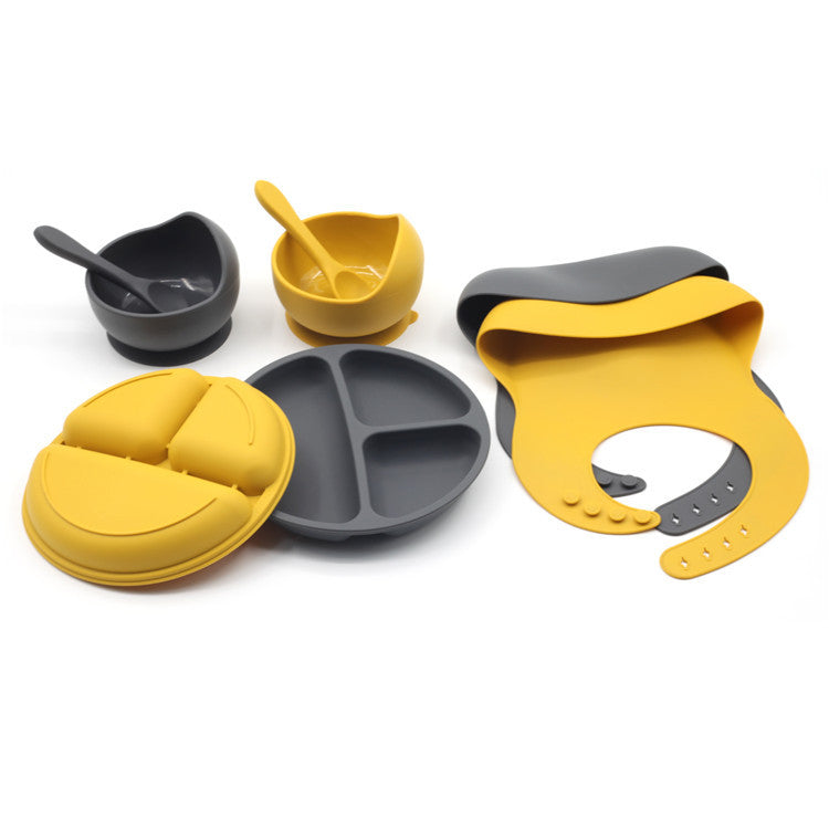 Four-piece Feeding Tableware Baby's Silicone Bib Food Grade Children's Suit Including Pinny Solid Food Bowl