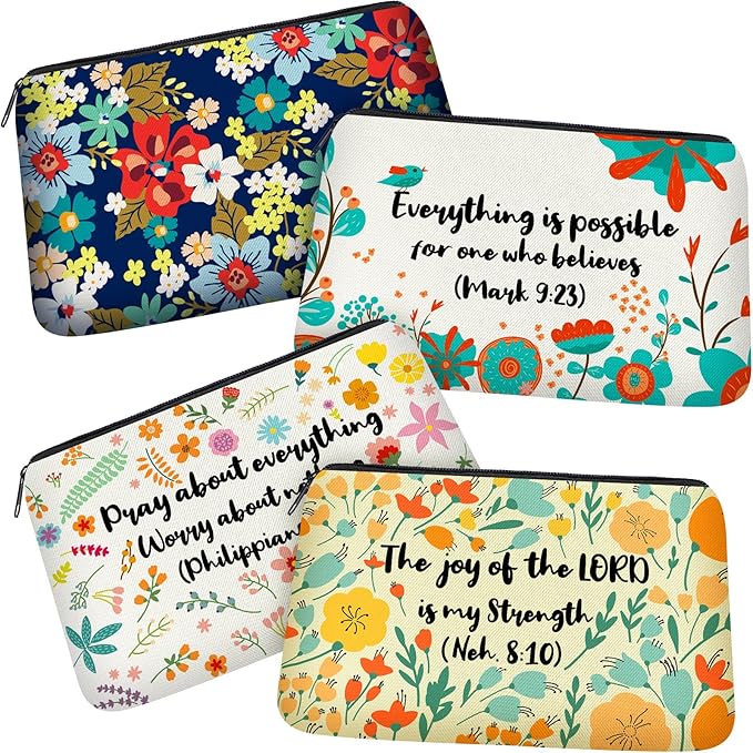 Outus 4 Pieces Inspirational Bible Verse Pencil Pouch Christian Pencil Case Scripture Canvas Makeup Bags for Students Offi...