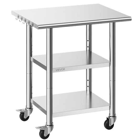 Stainless Steel Work Table, 24x30 Inch Food Prep Table With 2 Shelves And Wheels, Commercial Kitchen Workstation, Metal Heavy Duty Utility Worktable, For Restaurant Home Hotel Garage Outdoor