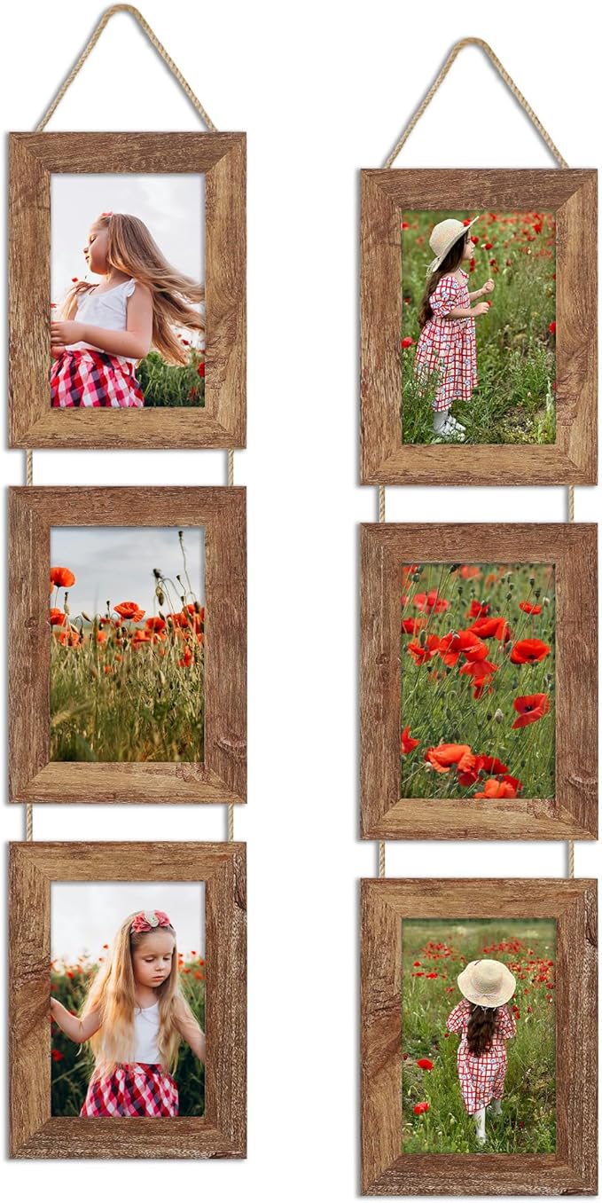 ccdcc 4x6 Collage Picture Frames Set of 2, Rustic Wooden Real Glass Vertical Hanging 3 Opening 4 by 6 Photo Frame, Rustic ...