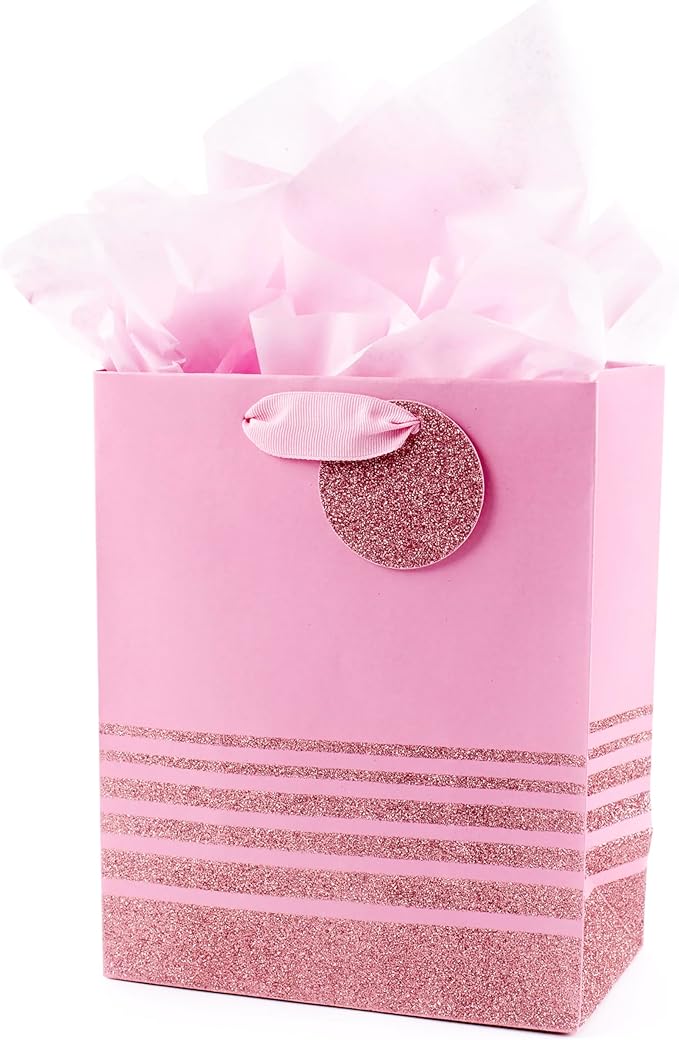 Hallmark 9" Medium Gift Bag with Tissue Paper (Pink Glitter Stripes) for Valentines Day, Birthdays, Baby Showers, Bridal S...