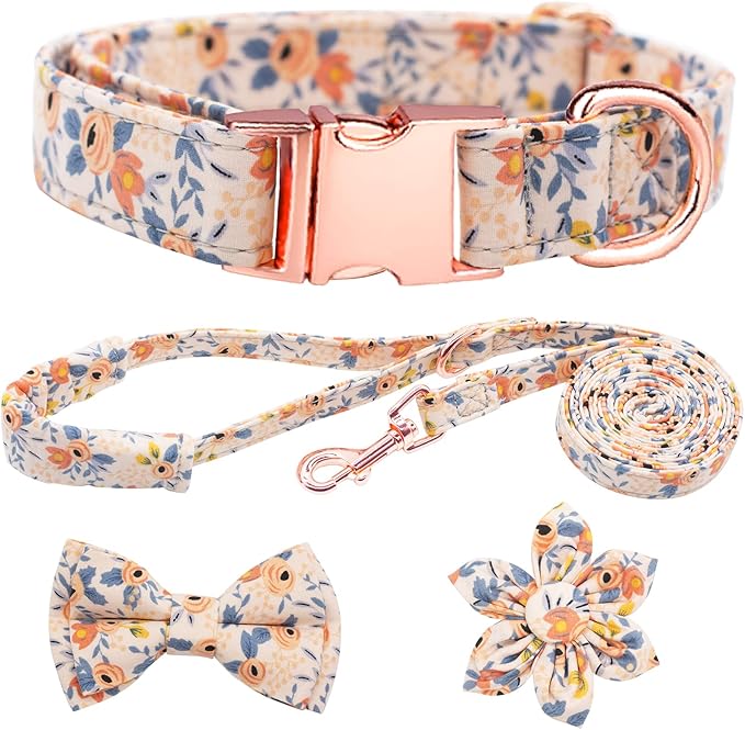 HSIGIO Dog Collar and Leash Set Girls Adjustable Puppy Collars with Floral Bow Tie for Small Medium Large Female Dogs, Ora...
