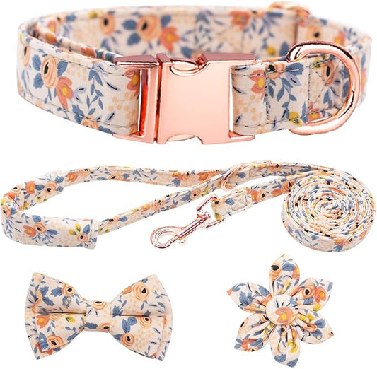 HSIGIO Dog Collar and Leash Set Girls Adjustable Puppy Collars with Floral Bow Tie for Small Medium Large Female Dogs, Ora...