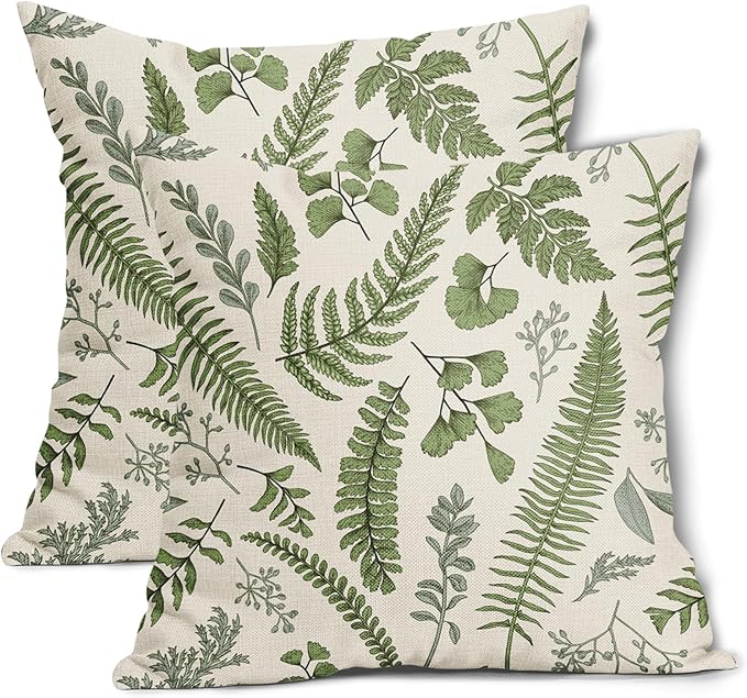 Sage Green Leaf Plant Pillow Covers 20X20 Inch Set of 2 Tropical Fern Herbs Botanical Leaves Floral Decorative Pillow Case...