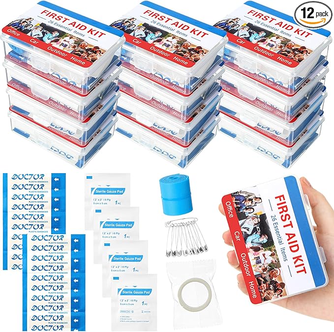Threlaco 12 Set Mini First Aid Kit Bulk Mini Portable Travel Kit Resistant Case for Convenience First Aid 12 Pack Boxes of...