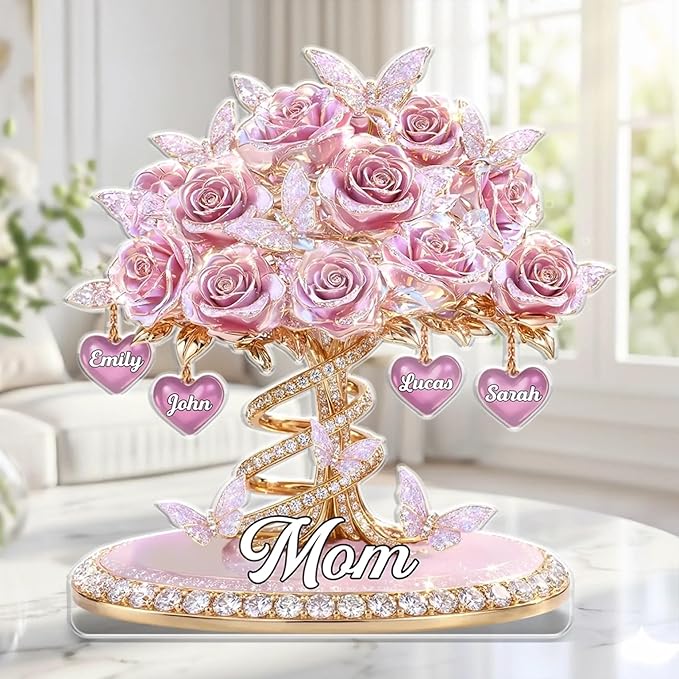 Custom Rose Tree Acrylic Plaque - Personalized Mother’sDay Gifts For Mom, Kids Names Heart Keepsake, Pink Floral Family De...