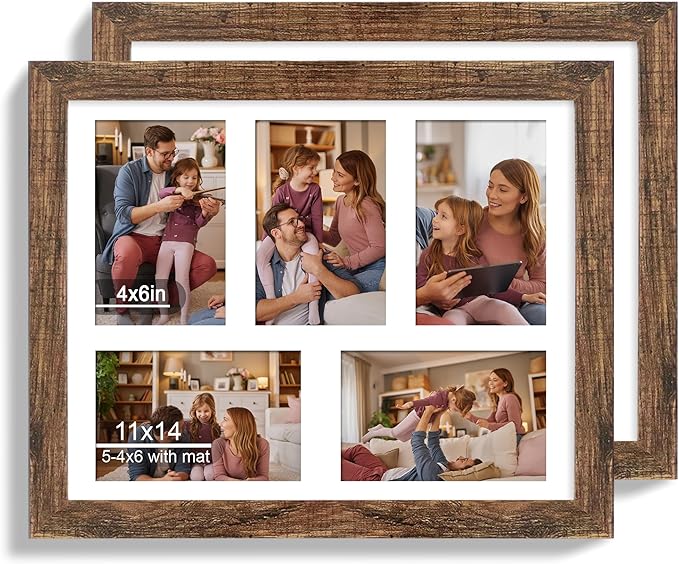 Hongkee 11x14 Picture Frame Set of 2, Rustic Brown Wood Frame with Real Glass Collage Picture Frames, Display Pictures Fiv...