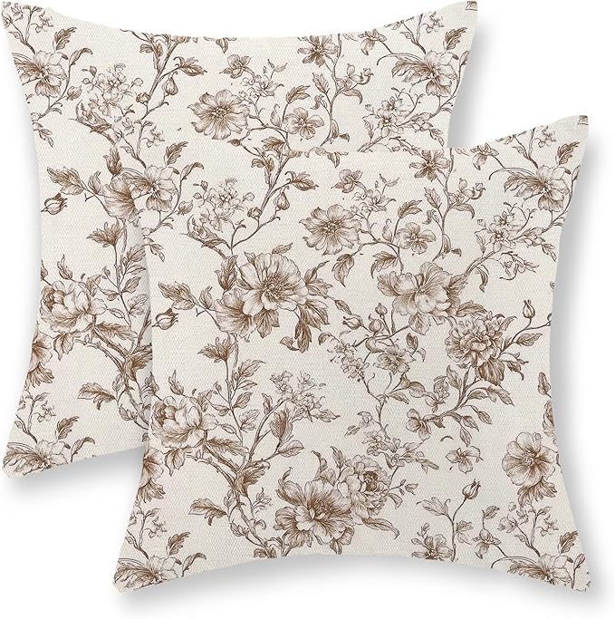 GOLIANDA Brown Pillow Covers 16x16 Set of 2 Brown and Cream Floral Chinoiserie Throw Pillows Vintage Rustic Toile Flower D...