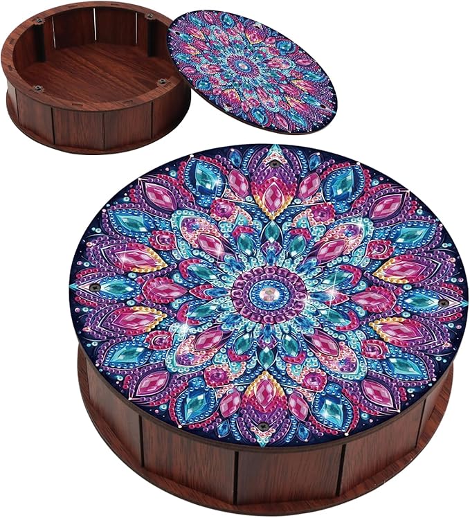 antor Diamond Painting Storage Box, Mandala Flower DIY 5D Special Shape Diamond Art Wooden Organizer, Round Diamond Tablet...