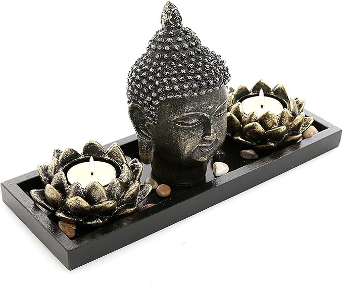 MyGift Black Buddha Head Sculpture Zen Garden Set with Lotus Tealight Candle Holders and Wooden Display Tray, Decorative T...