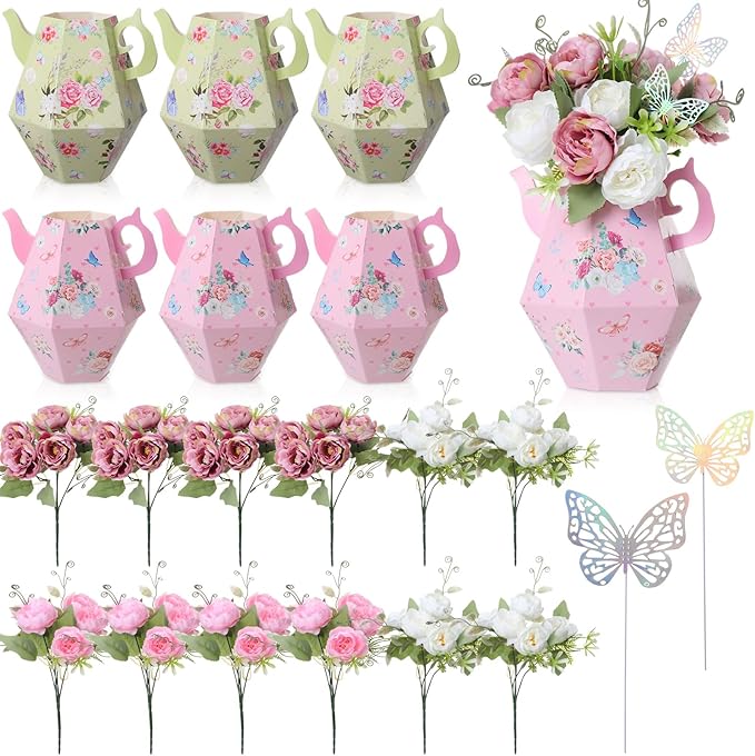 Daifunli 6 Sets Tea Party Princess Decorations Flower Boxes Afternoon Teapot Centerpieces for Table Teapot Vase Table Deco...