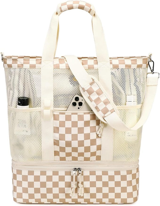 Bluboon Mesh Beach Tote Bag with Cooler Compartment Insulated Detachable Picnic Bag with Zipper and Pocket Pool Bag for Women