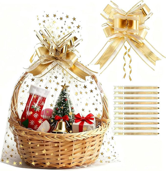 COQOFA 10 Pieces Large Cello/Cellophane Bags 18x30 Inches Clear Basket Gift Bags Gold Star Printed OPP Plastic Cellophane ...