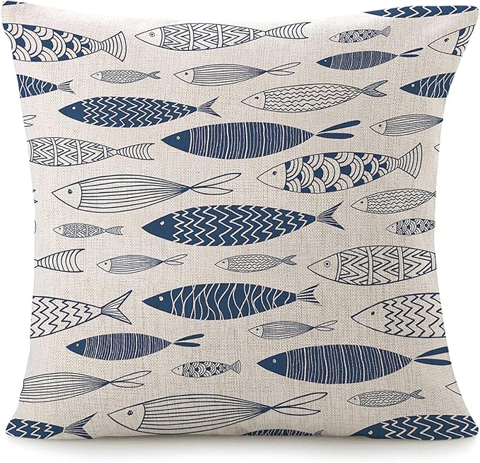VERSUSWOLF Throw Pillow Covers for Couch Ornamental Fish Bed Or Sofa Pillows Case Blue Doodle Cute Sea Sketch Ornate Aquat...