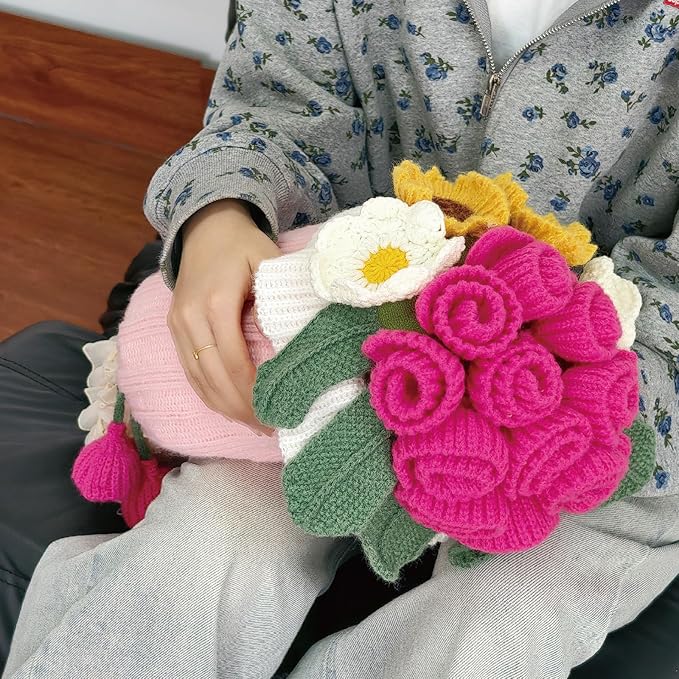 SoffMoiis 2-in-1 Crochet Flower Bouquet Throw Pillow with Blanket, Pillow Cover Holds a Soft White Blanket for Couch, Roma...