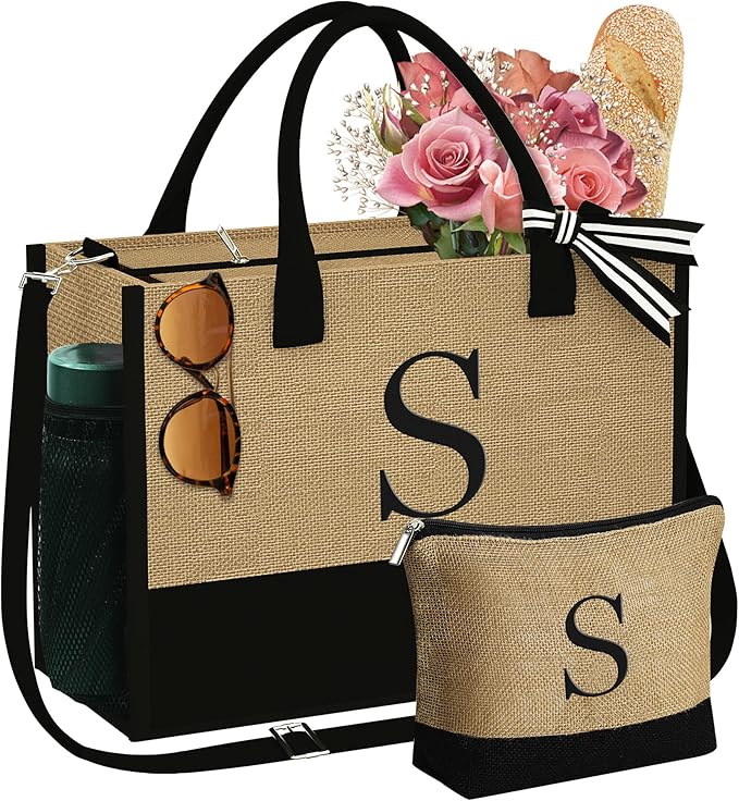 YOOLIFE Personalized Gifts for Women - Initial Jute Tote Bag & Makeup Bag, Birthday Gifts for Women Mom Wife Teacher Friend