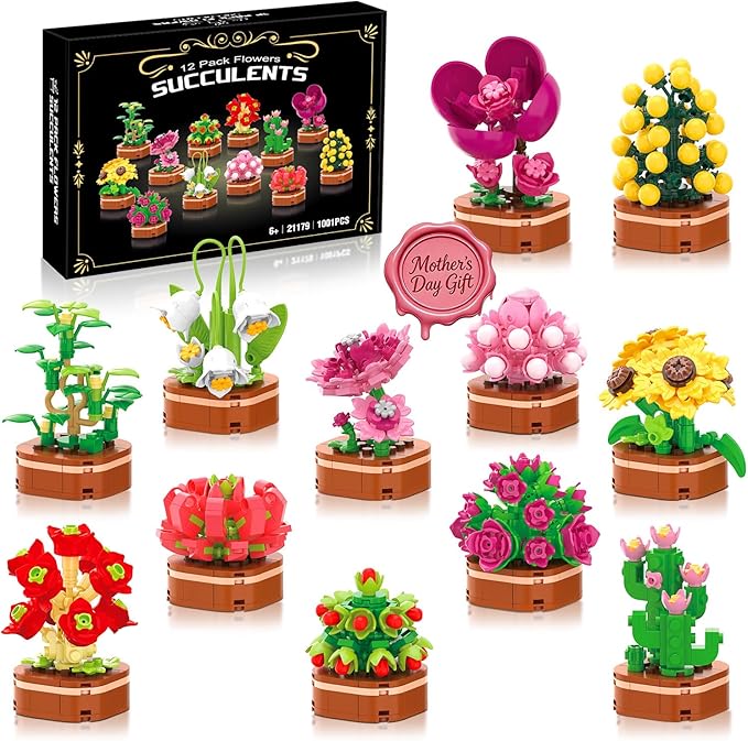 KOJAYHOL 12 Pack Flowers Succulent Party Favors for Kids Building Set, 1001 Pcs Botanical Bonsai DIY Creative Mini Buildin...