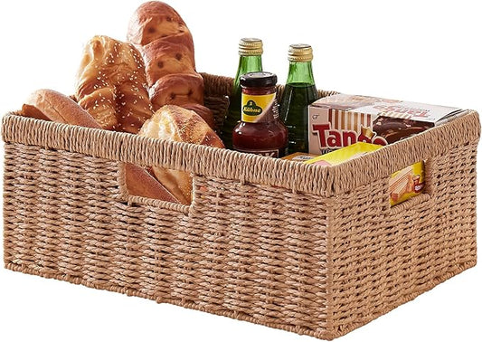 OIAHOMY Wicker Storage Basket, Rectangular Paper Rope Shelf Baskets with Built-in Handles, Woven Decorative Organizer for ...