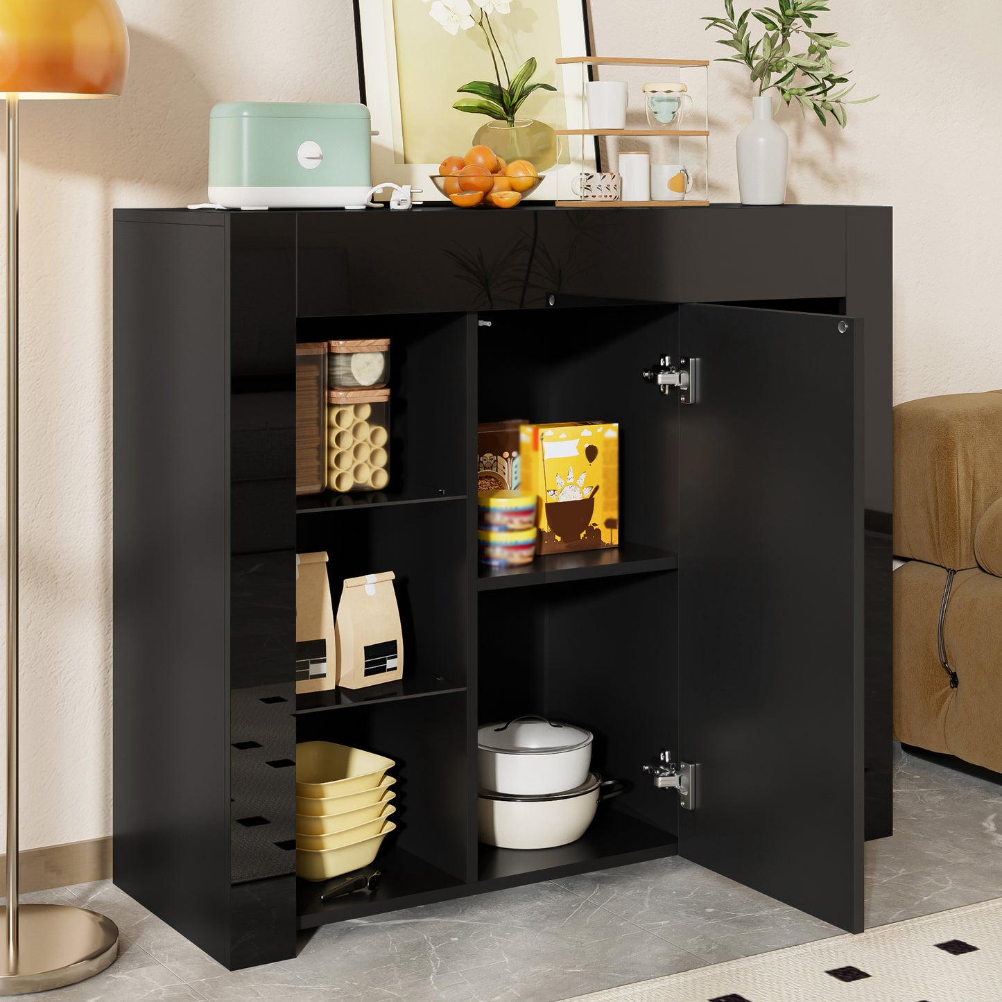 Modern Black Buffet With High Gloss Front  Compact, Stylish Storage Solution With Glass Shelves And Cabinet Door For Living Room, Dining Room Or Kitchen  95x35x83 Cm