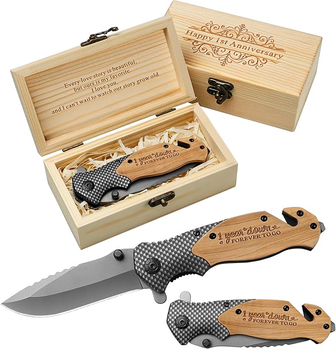 IUZOE First Anniversary Keepsake Idea for Him – Personalized Engraved Pocket Knife with Wooden Gift Box – 1 Year Wedding G...