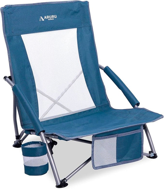 ARURU Low Folding Beach Chairs for Adults, Portable Lightweight Sling Beach Camping Chair with Cup Holder,Armrest,Foldable...