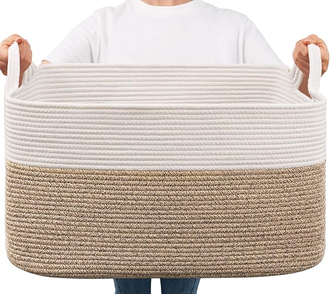 Goodpick Large Woven Blanket Basket, 21.6" x 14.9" x 11.8" Storage Baskets for Organizing, Rectangle Cotton Rope Toy Baske...