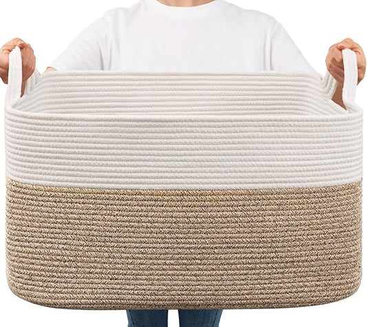Goodpick Large Woven Blanket Basket, 21.6" x 14.9" x 11.8" Storage Baskets for Organizing, Rectangle Cotton Rope Toy Baske...