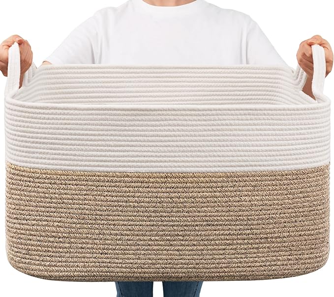 Goodpick Large Woven Blanket Basket, 21.6" x 14.9" x 11.8" Storage Baskets for Organizing, Rectangle Cotton Rope Toy Baske...