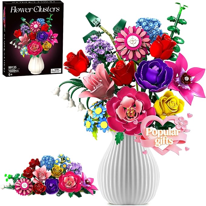 Rongmeiz Mother's Day Flower Bouquet Building Set, 1020 PCS Botanical Collection Building Block Toy, Rose Flowers Plant Ho...