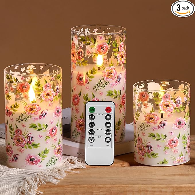 Eywamage Red Rose Floral Flameless Candles with Remote, Flickering Glass LED Pillar Candles Spring Home Decor Set of 3
