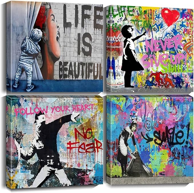 Biufo Banksy Canvas Wall Art Artwork Graffiti Street Print Pictures for Bedroom Living Room Wall Decor (12"x12"x4Pcs)