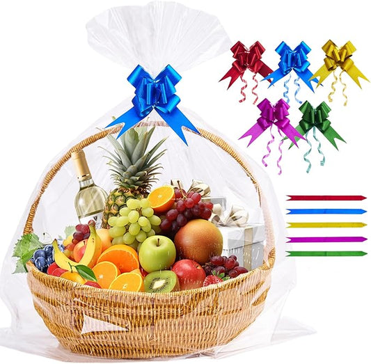 Homrelaxy 20 Pcs 24 x 30 Inches Cellophane Bags for Gift Baskets with 20 Colorful Pull Bows, Plastic Clear Basket Bags, Ce...