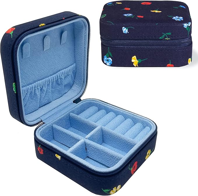kate spade new york Small Travel Jewelry Case, Navy Floral Jewelry Box to Organize Rings, Necklaces, Earrings, Garden Toss