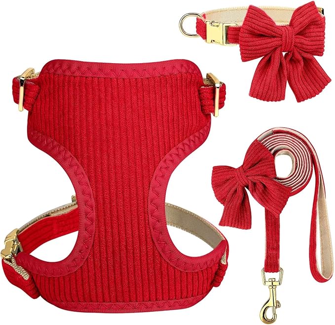 Didog Cute Small Dog Harness Collar and Leash Set with Bowtie, Breathable Soft Mesh Padded Puppy Harness, Christmas Dog Ha...