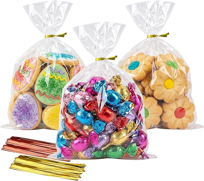 Cello Cellophane Treat Bags,5x7 Inches Clear Cellophane Bags 200 Pcs OPP Plastic Treat Bags with 200 Twist Ties for Gift W...
