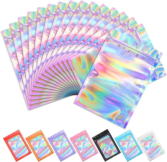 Funfery 100 pcs Mylar Holographic Bags Packaging Bags,Clear Resealable Bag Foil Pouch Bag for Party Favor,Goodies,Treat,Ca...
