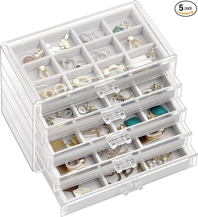 ProCase Earring Holder Organizer Jewelry Box with 5 Drawers, Acrylic Clear Earring Case with Adjustable Velvet Trays for W...