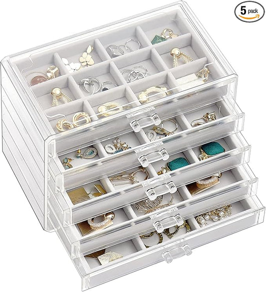 ProCase Earring Holder Organizer Jewelry Box with 5 Drawers, Acrylic Clear Earring Case with Adjustable Velvet Trays for W...