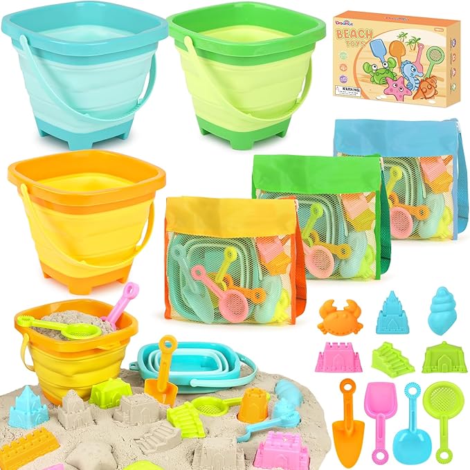 Dreamon Beach Toys for Kids 3-10, Collapsible Sand Toys Include 3 Pack Foldable Buckets with Mesh Bag, 24 PCS Beach Mold a...