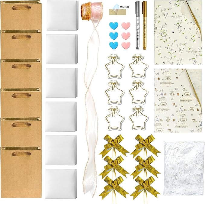 SOHOMEG DIY Gift 6-Set Packaging kit-Includes:Kraft Paper Bag,Metal Pen,Wrapping Paper,Box,tag,Pull Bow,Ribbon,Tape,Clip,S...