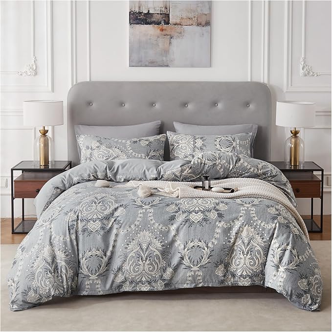 Grey Floral Duvet Cover Set Full Size Bedding Quilt Comforter Cover Reversible Duvet Covers Microfiber Bedspread Floral Be...